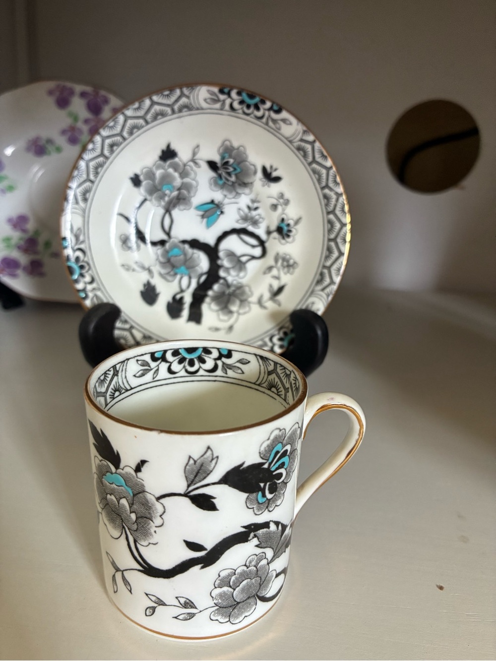 Elegant Black & Turquoise Floral Porcelain Cup and Saucer